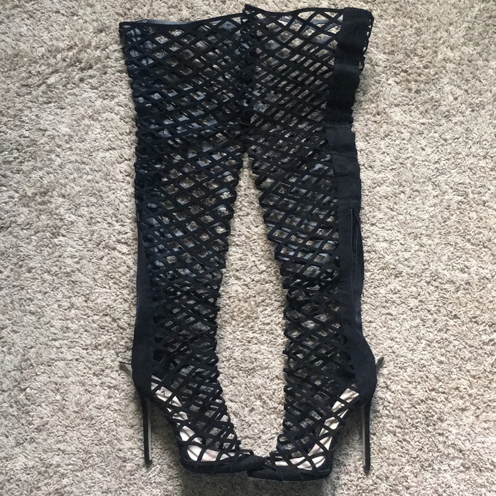 thigh high caged heels